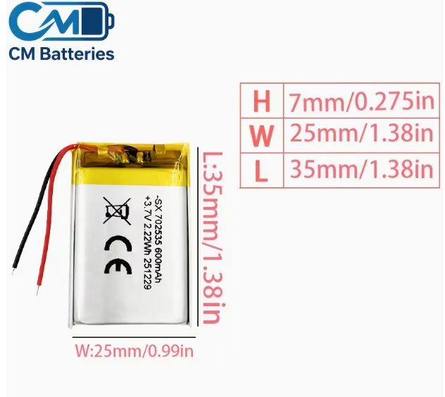 Batería de iones de litio recargable 702535-600mAh-3.7V